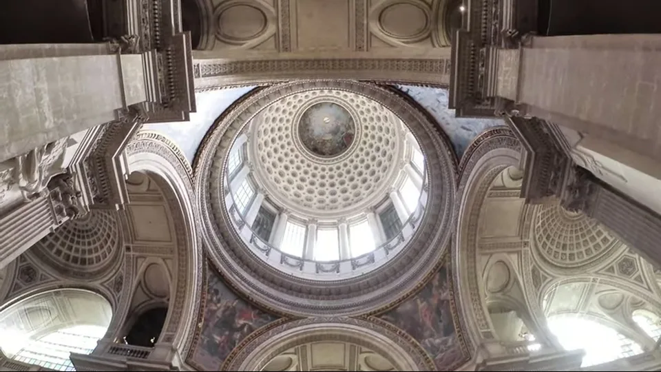 Upward view of the Pantheon dome with arches and windows