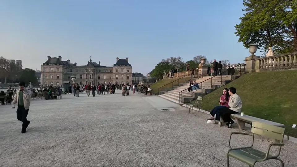 Wide central parterre view in Luxembourg Gardens with Pantheon beyond